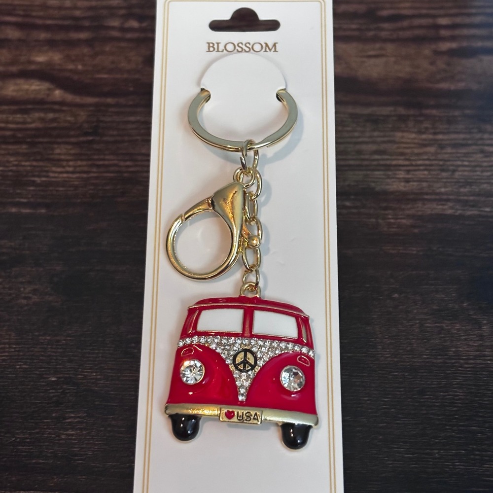 Red Camper Van Keychain Rhinestone Peace Sign Retro Bus Gold Tone NEW